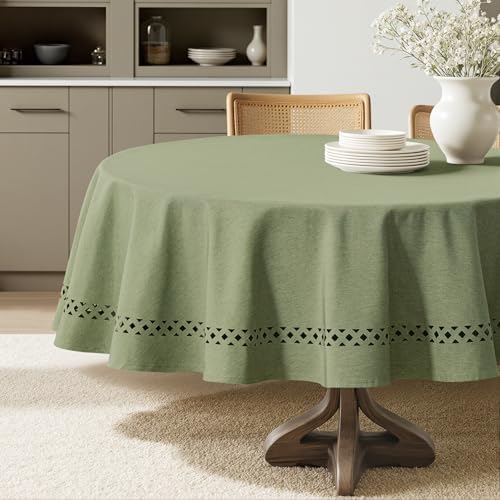 MIULEE Sage Green 60 Inch Round Linen Tablecloth with Decorative Cutouts