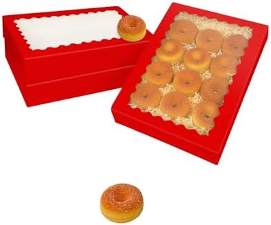 qiqee Auto-pop Up Red Cookie Box with Window 14x10x2.5 inch 24Pcs Bakery Pastry Macaron Bakery Box For Packaging