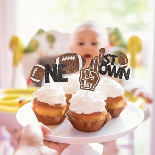 24Pcs Football 1st Birthday Cake Topper & Cupcake Toppers, Football Party Decorations for Baby Shower, First Down Them