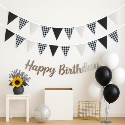 G2PLUS Black and White Gingham Fabric Bunting Banner, 32Ft Cotton Burlap Triangle Garland for Soccer Party, Game Day, Racing Car Party, Birthday, Graduation & Outdoor Decorations
