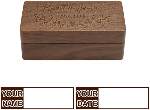 Personalized Wedding Ring Box Engraved with Name Date Text, Custom 2 Slot Wooden Ring Bearer Boxes for Ceremony Proposal Anniversary Engagement Gifts for Couples Bride Groom Him Her (Rectangle