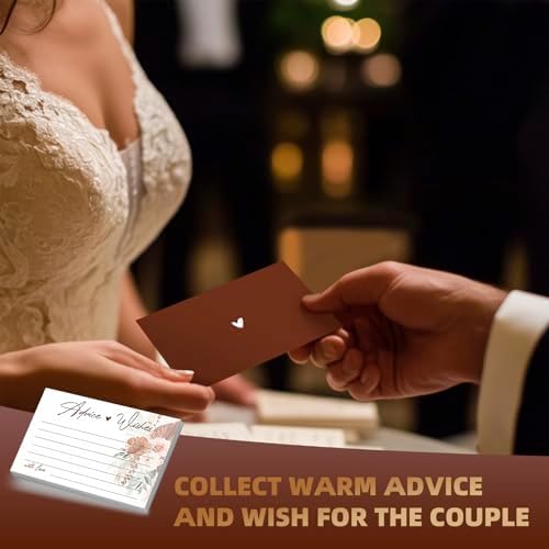 Boho Wedding Advice and Wishes Cards with Wood Box - 60 Pack 250GSM Pampas Grass Mr and Mrs Message Cards - Terracotta Bridal Shower Decorations, Engagement Party Guest Book Alternative
