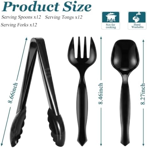 36 Pcs Disposable Plastic Serving Utensils - 9" Black Heavy Duty Serving Utensils Set, 12 Forks, 12 Tongs, 12 Serving Spoons for Buffet Party Chafing Dish Catering