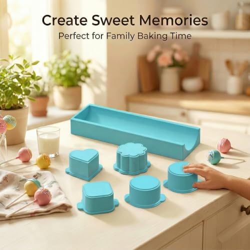 5 PCS Cake Pop Mold Set with 7.8-inch Tray, 5 Shape Cakepop Cutter
