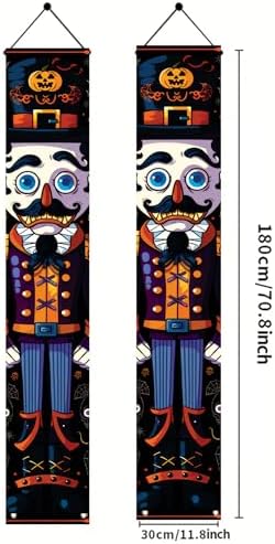 2PCS Halloween Nutcracker Porch Banners 71 x 12 Inch Front Door Hanging Decorations Spooky Pumpkin Soldier Outdoor Signs for Haunted House Party Entryway Wall Decor Halloween Banner Set