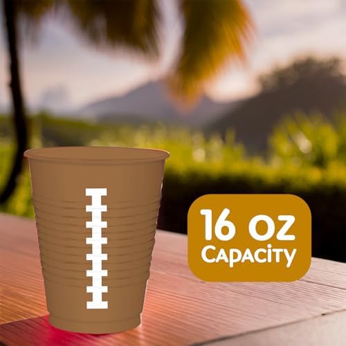 Football-Themed Brown Plastic Cups - 16 oz. (Pack of 25) - Sturdy & Durable Drinkware, Perfect for Game Day Parties & Tailgating Events