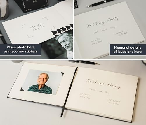 Ocean Hardcover Funeral Guest Book - 9.5 x 7 Celebration of Life Guestbook for Memorial Service with 5x7 Paper Sign, Pen, Black Photo Corner Stickers
