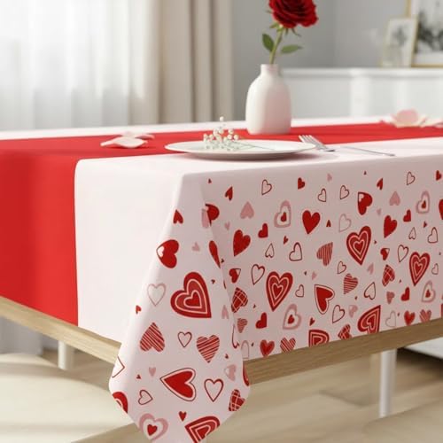 Valentine's Day Tablecloth 3-Pack, 54x108 Inch Disposable Plastic Table Covers, Red Heart Themed Decor for Romantic Party, Wedding, Anniversary, and Valentine's Day Table Decorations