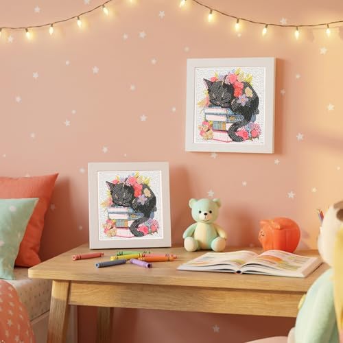 Black Cat Diamond Art Kit for Kids with Frame,Diamond Painting Kit for Kids