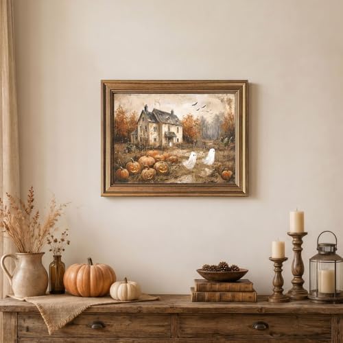 Wemandh Vintage Halloween Wall Art, Gold Framed Rustic Ghost and Pumpkin Decor, Spooky Haunted House Picture for Gothic Room, Farmhouse Fall Autumn Canvas Print Artwork (9.5'' x 12'')