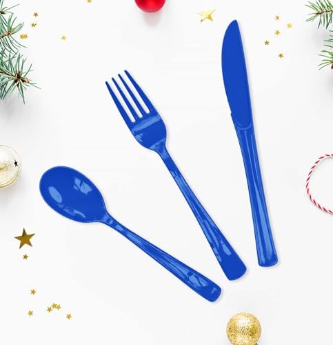 HEIPINIUYE 75 Pack Royal Blue Plastic Cutlery Heavy Duty Blue Plastic Knives Forks and Spoons Disposable Silverware Set for 25 Guest Camping Birthday Baby Shower Party Cutlery Set