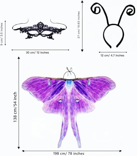 Halloween Butterfly Wings Costume for Womens, Moth Wings Butterfly Cape Adult Costume with Mask & Headband(3pcs)