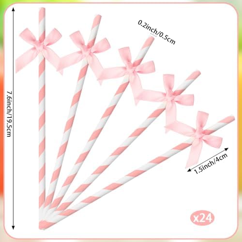 24 Packs Pink Bow Biodegradable Striped Paper Straws, Pink and White Disposable Drinking Straws for Birthday Carnival Summer Pool Party Wedding Baby Shower Halloween Party Decoration Supplies