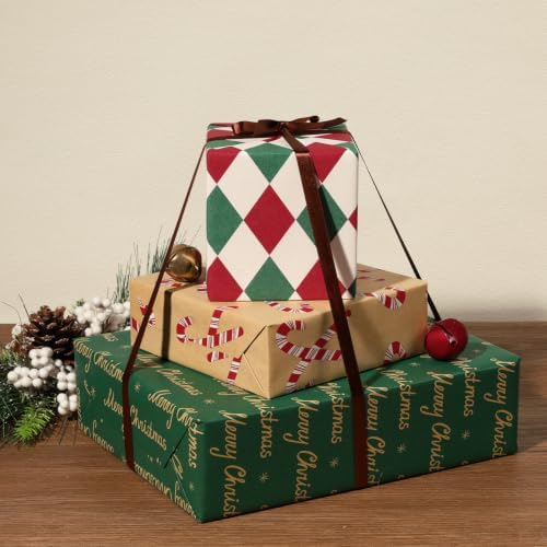 LaRibbons Kraft Christmas Vintage Wrapping Paper Set, 3 Rolls 17" x 120"