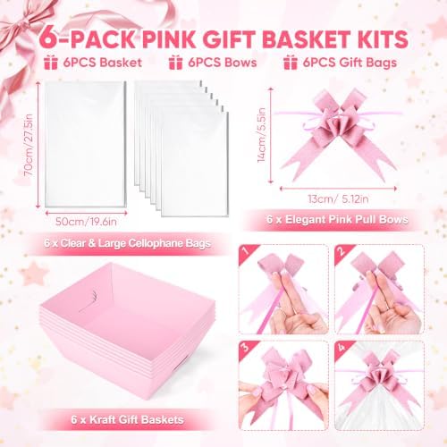6 Pack Pink Baskets For Gifts Empty, 10x8x3.5" Thick Paper Basket with 6 Clear Bags and 6 Pink Bows, Empty Gift Baskets for Baby Shower Valentine Bridal Birthday Party Wrapping Gift