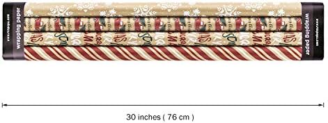 RUSPEPA Wrapping Paper, Kraft Paper - Snowflakes, Car and Christmas Tree, Stripes and Merry Christmas - 4 Rolls - 30 inches x 10 feet per Roll