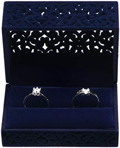 Hollow Velvet Ring Box Velvet Jewelry Box for Rings Couple Double Ring Bearer Box Engagement Gift (Dark Blue)