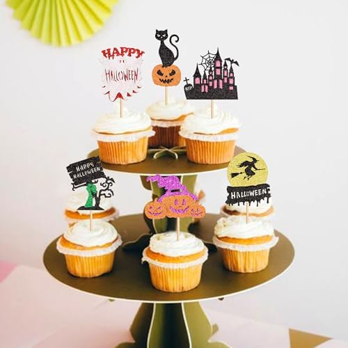 Ercadio 30Pcs Happy Halloween Cupcake Toppers Witch Pumpkin Black House Bats Cats Cupcake Picks for Gender Reveal Halloween Birthday Cupcake Decorations Halloween Party Supplies