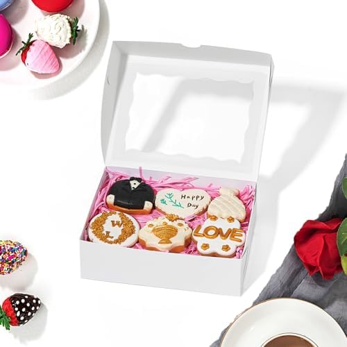 50PCS 8x6x2.5 Inch White Bakery Boxes with Window, Pastry Box for Chocolate Strawberries, Macarons, Truffles, Perfect for Valentine's Day, Mother's Day, Christmas Party Favors & Holiday
