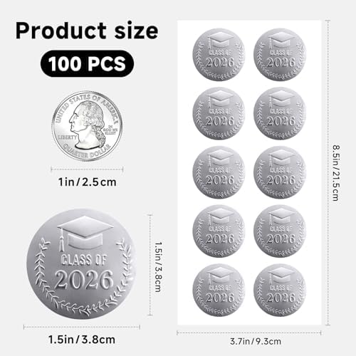 100 PCS Class of 2026 Graduation Stickers, Matte Silver Embossed Graduation Cap Labels for Candy Bags, Dessert Table Treat Bags, Invitations, Envelopes, Favor Bags & Gift Wrapping, 1.6 Inch
