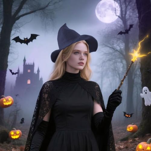 Women Witch Hat for Halloween Wool Hats Wide Brim Spire Knitted Cap for Party Masquerade Cosplay Costume Daily