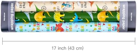 WRAPAHOLIC Dinosaur Wrapping Paper Roll - 3 Short Roll - Dinosaur Happy Birthday Wrapping Paper for Kids Boys Birthday, Dinosaur Party Favor - 17 Inch x 120 Inch Per roll