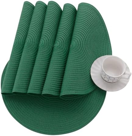 SHACOS Dark Green Round Placemats Set of 6 Cotton Polyester Braided 15 inch Washable Kitchen Dining Table Place Mats Christmas Table Mats for Home Wedding Party Decor