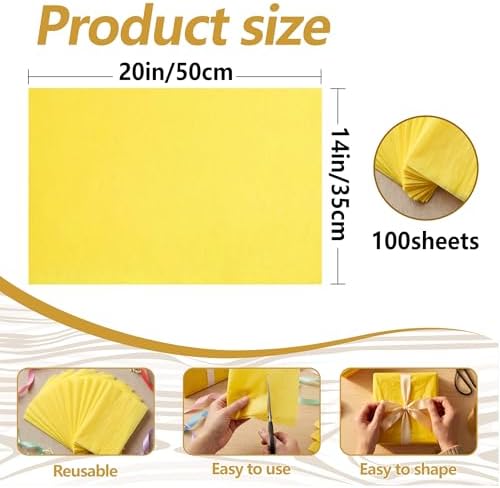Bobobag 100 Sheets Yellow Tissue Paper 20"X14" Tissue Paper for Gift Bags, Gift Wrapping Tissue, Christmas Tissue Paper Anniversary Holiday Decoration Arts Craft