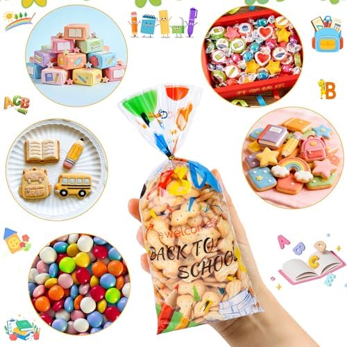 ZYLOP 50 Pcs Back to School Cellophane Treat Bags - 5x11 Inch Clear Cellophane Goodie Bags with 60 Gold Ties for Cookies, Candies, Classroom Gifts, Teachers' Rewards & School Reopening Party Favors