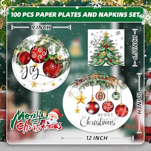 100PCS Christmas Paper Plates and Napkins Set- (25 Guests)
