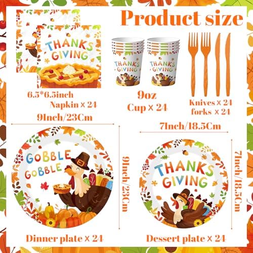 Thanksgiving Turkey Party Tableware Decorations Happy Thanksgiving Day Gobble Turkey Pie Disposable Paper Plates,Napkins,Cups,Forks and Knifes,Serve 24 for Autumn Themed Party Supplies Kit