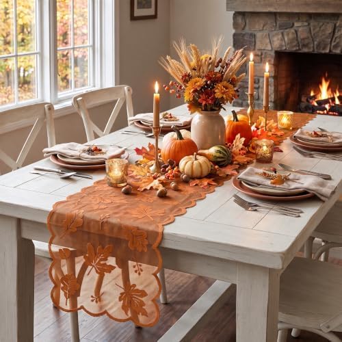Artoid Mode Lace Jacquard Maple Leaf Fall Table Runner, Seasonal Thanksgiving Orange Kitchen Dining Table Decoration for Home Party Decor 13x72 Inch