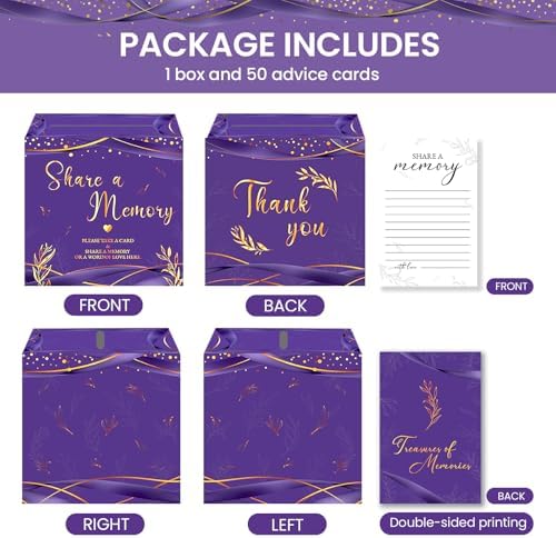50Pcs Share a Memory Cards, Memory Box for Guest Ideas Celebration of Life Funeral Graduation Retirement Wedding Bridal Shower Birthday Anniversary, Purple