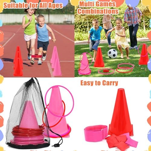 33Pcs Large 4 in 1 Valentines Day Games for Kids with Ring Toss, Plastic Cones, Bean Bags, 3-Legged Race Bands, Carnival Valentine's Games Activity Combo Set for Classroom Indoor Outdoor Party Yard