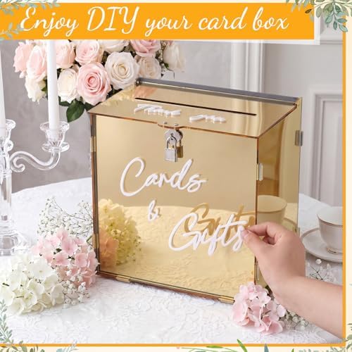 BreezeHug 10" Gold Acrylic Wedding Card Box with Lock & 3D Letters