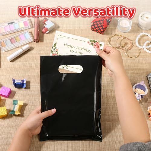 VieFantaisie 50 PCS Black Party Favor Bags, 8" x 11" Goodie Bags for Candy Treat Craft Easter Egg, Plastic Gift Bag with Die Cut Handles for Birthday Party, School Events & Small Business, Wedding