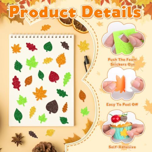 Foam Stickers, 511 PCS Glitter Foam Fall Leaf Stickers, 7 Colors