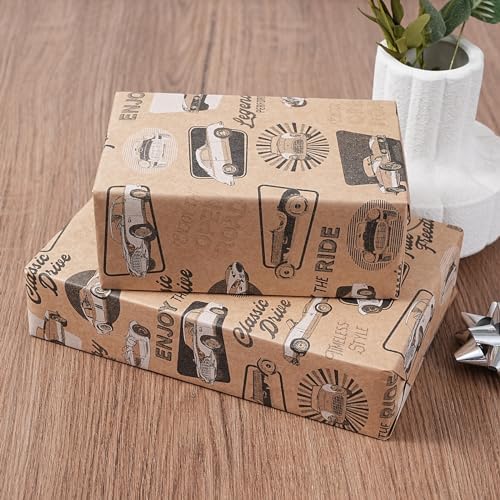 Ulmasinn Vintage Sports Car Wrapping Paper Roll, Kraft Gift Wrap with Retro Racing Car Design, 17 Inch x 33 Feet, Birthday Wrapping Paper for Boys, Men, Car Lovers, Father's Day, Racing Party Gifts