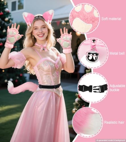 Cat Ears and Tail,Wolf Fox Ears Long Tail and Bell Lace Choker Set for Halloween,Animal Cosplay Party Costume