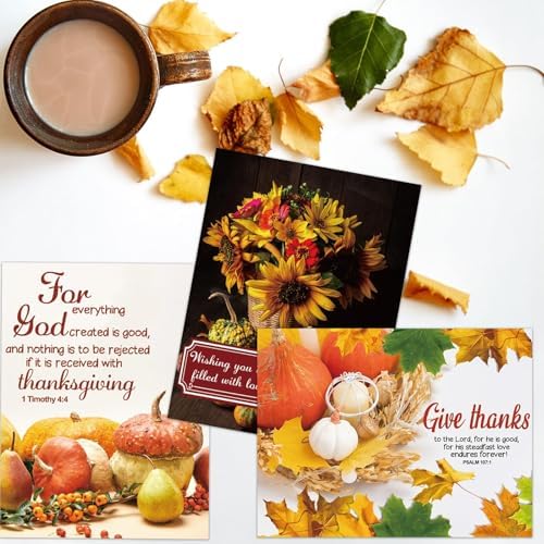 WorldBazaar Thanksgiving Greeting Cards with Scripture 24 Pcs Fall Religious Cards with Bible Verses Floral Thanksgiving Card Bulk Envelopes Assortment