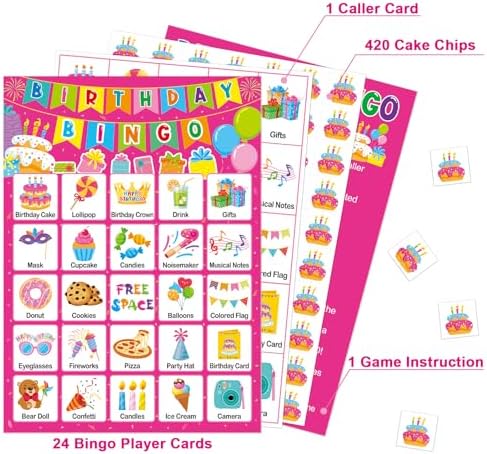 Birthday Bingo Game Cards for Kids Girls Adults - 24 Players Birthday Party Bingo Games for School Classroom Family Kids Birthday Party Activities Supplies