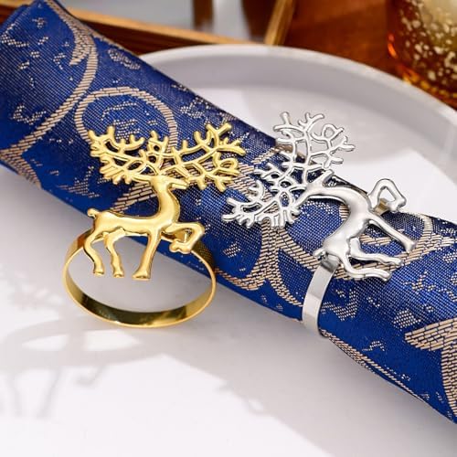 Silver Deer Christmas Napkin Rings Set of 6, Metal Xmas Elk Napkin Holders, Winter Wedding Dinner Table Decorations Christmas Ornaments