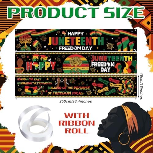 Remagr 3 Pcs Large Juneteenth Banner 98 x 18 Inch June 19th Outdoor Yard Sign Patriotic Juneteenth Party Decorations Backdrop for Africa American Independence Day Celebration Supplies
