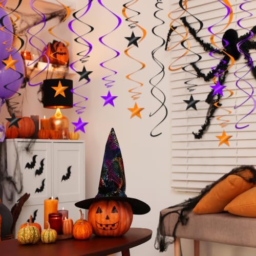 36Pcs Black Orange and Purple Star Swirl Decorations, Plastic Foil Star Swirl Ceiling Hanging Decorations Spiral Streamer Party Supplies for Halloween Fall All Kinds of Parties