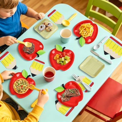 180Pcs Back to School Red Apple Paper Plates and Napkin Set,Serves 60