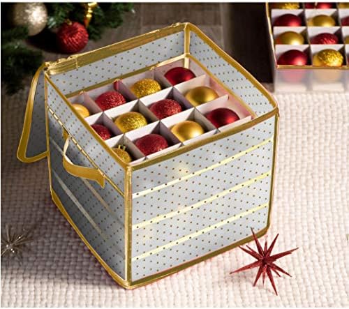 ZOBER Christmas Ornament Storage Box Plastic - Stores 64 3" Ornaments with Individual Trays - Ornament Organizer Storage Box, Durable Christmas Containers Holder - Gold