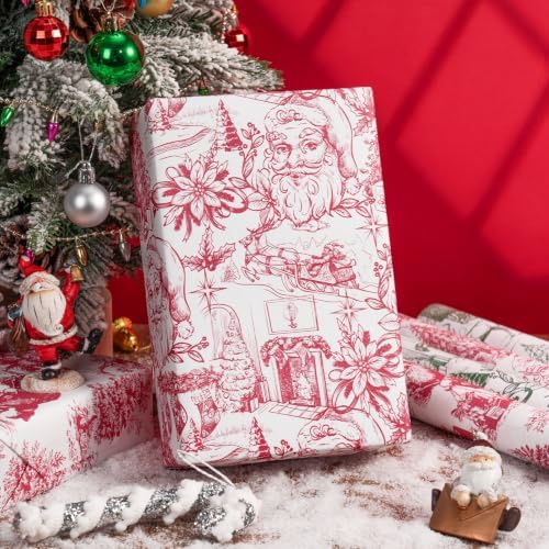 RUSPEPA Kraft Christmas Wrapping Paper Set, Jumbo Roll, Red Green Vintage Toile Santa, Tree, Deer & Winter Scene Design Gift Wrap for Xmas Holiday, Rustic Party, 4 Rolls, 30 Inches x 10 Feet per Roll