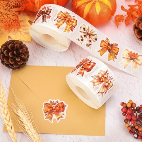 Whaline 1000 Pcs Fall Bow Stickers Roll Orange Pumpkin Plaid Leaves Bowknot Self-Adhesive Decals for Thanksgiving Autumn Scrapbook Journal Envelope Decor, 2 Rolls