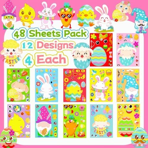 48 PCS Easter Stickers Crafts for Kids, Easter Craft Basket Stuffers