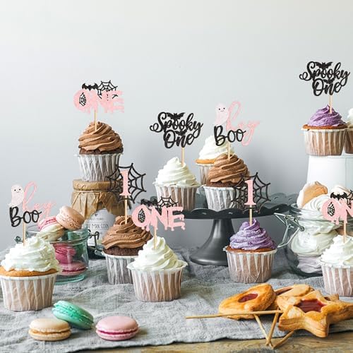 Ercadio 24Pcs Pink Spooky One Halloween Cupcake Toppers Ghost Spider Webs Cupcake Picks for Halloween Party Decorations Black Pink Halloween Girls Spooky One Birthday Cupcake Decorations